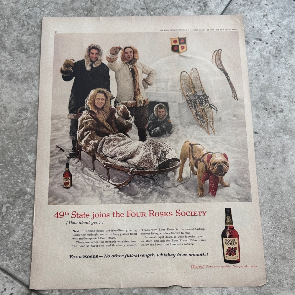 Vintage 60s Bulldog Four Roses Society whiskey ad w/reverse Campbells soup ad